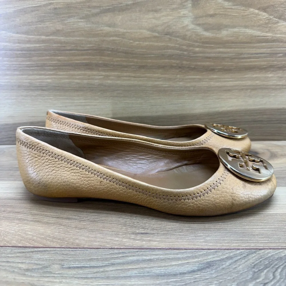 Tory Burch‎ Reva Flats Tan Womens 5 C Pebble Leather Gold Logo